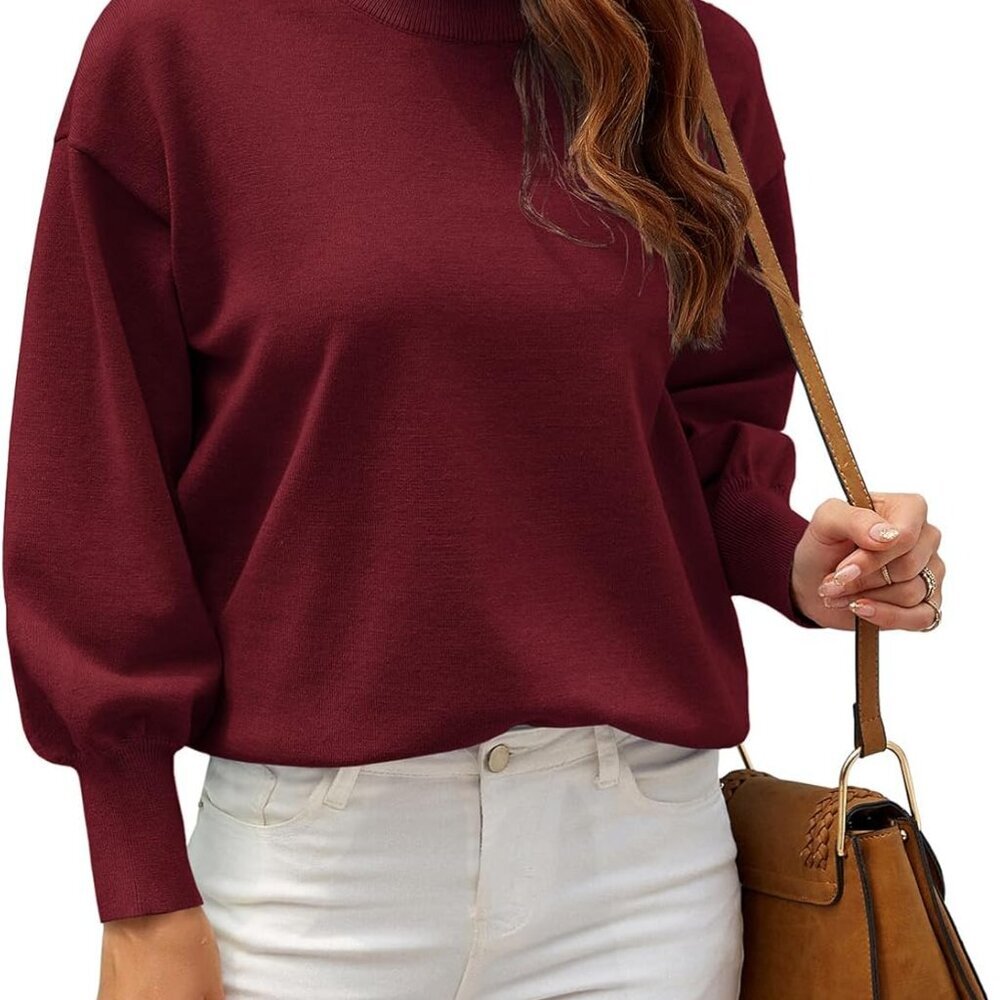 Women's 2025 Fall Fashion Casual Sweaters Mock Neck Long Lantern Sleeve Lightwei - Picture 2 of 6